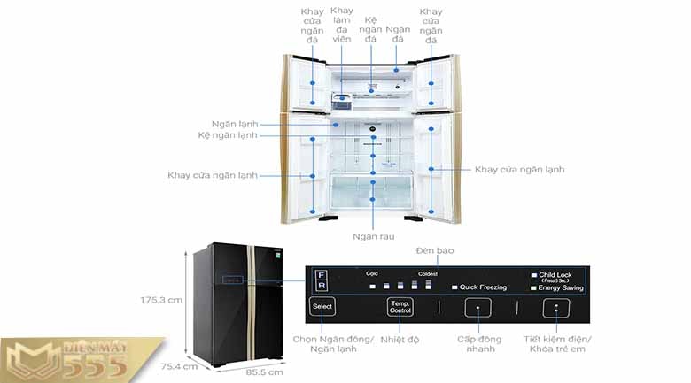Tủ lạnh Hitachi Inverter 509 lít R-FW650PGV8 GBK - Chính Hãng