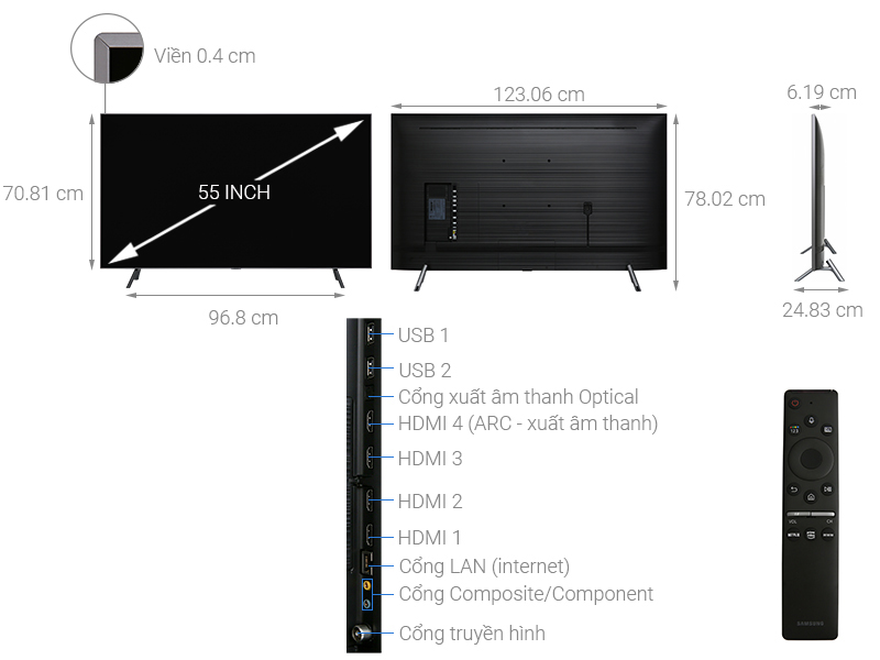 Smart Tivi QLED Samsung 4K 55 inch QA55Q75R - Chính hãng - kích thước