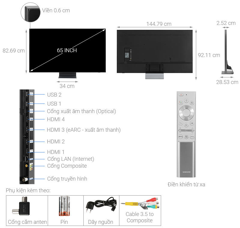 Smart Tivi QLED Samsung 8K 65 inch QA65Q800T - Chính Hãng -  Kích Thước
