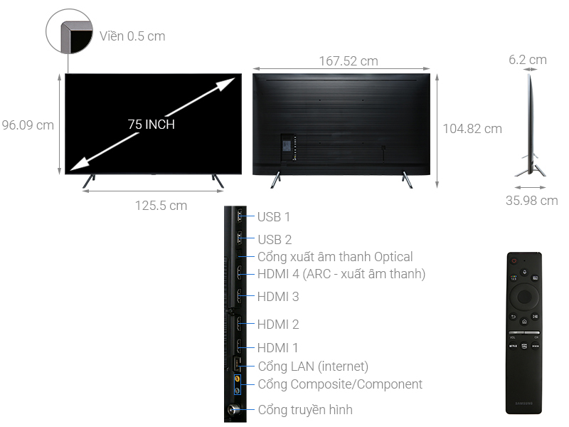 Smart Tivi QLED Samsung 4K 75 inch QA75Q75R - Chính hãng - kích thước