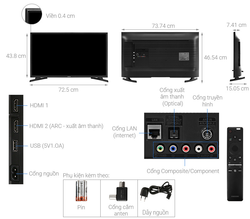 Smart Tivi Samsung 32 inch UA32T4500 - Chính Hãng - kích thước