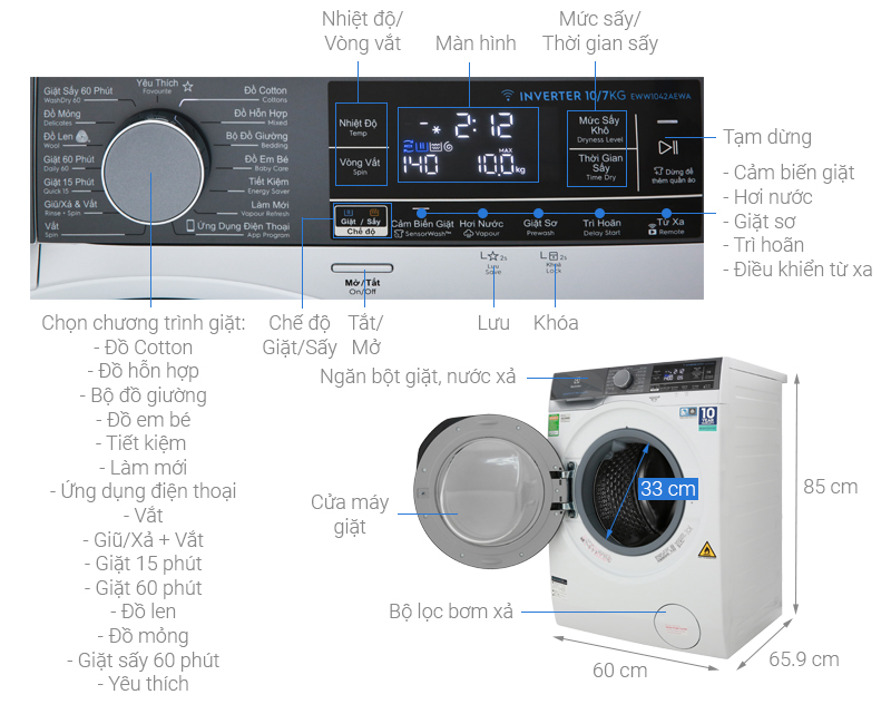 Máy giặt sấy Electrolux Inverter 10 kg EWW1042AEWA - Chính Hãng