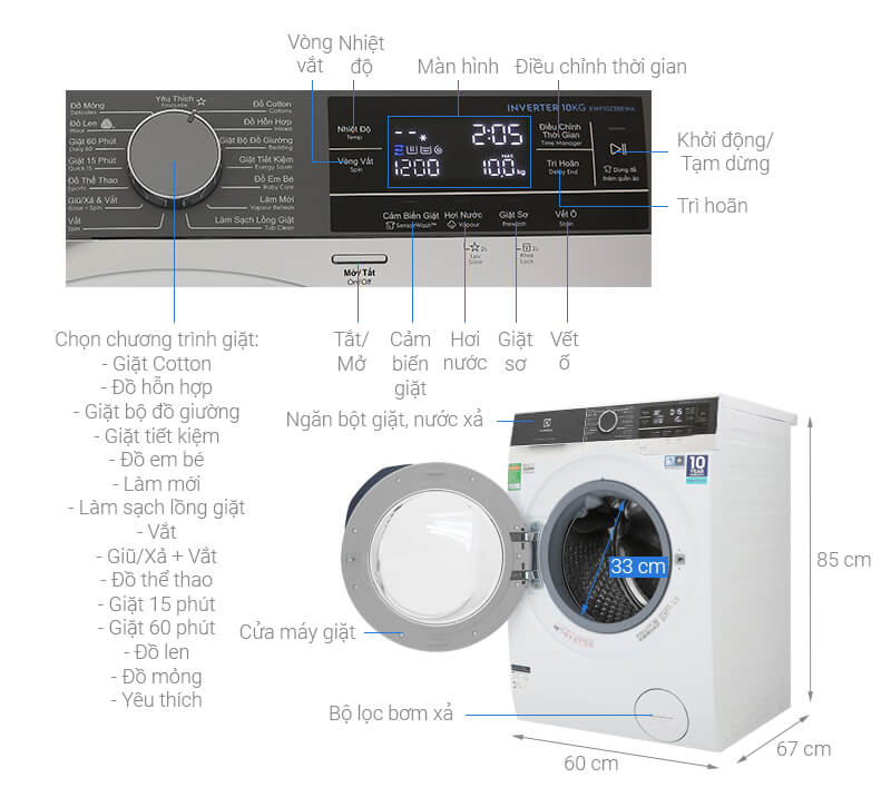 Máy giặt Electrolux Inverter 10 kg EWF1023BEWA - Chính Hãng