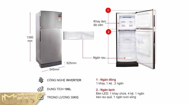 Tủ lạnh Sharp Inverter 196 lít SJ-X201E-SL - Model 2017