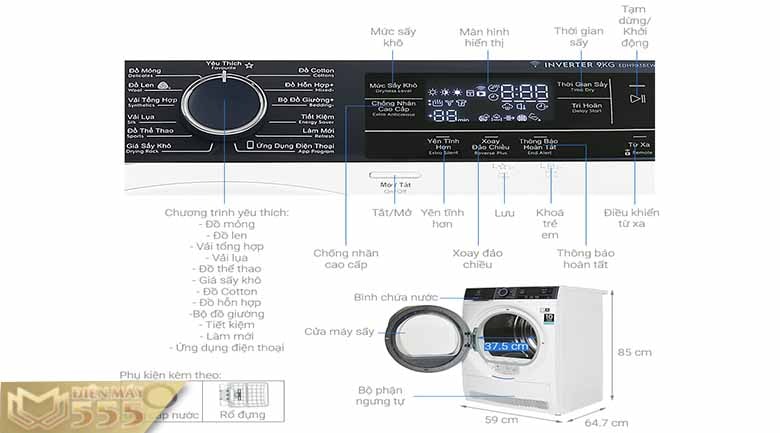Máy sấy bơm nhiệt Electrolux Inverter 9 Kg EDH903BEWA - Model 2019 
