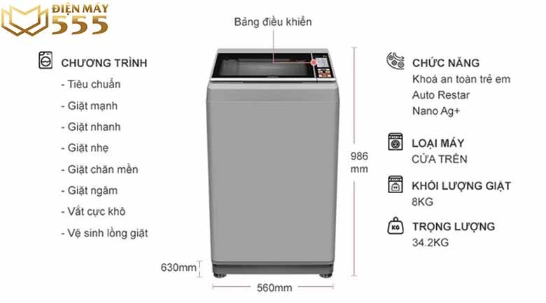 Máy giặt Aqua 8kg AQW-S80CT(H2) - Lồng đứng
