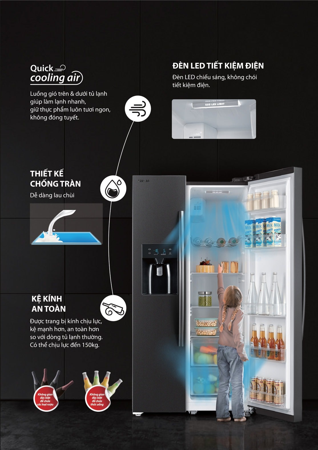 Công nghệ Quick Cooling Air làm lạnh nhanh chóng của Tủ lạnh SBS Toshiba Inverter 493 lít RS637WE-PMV