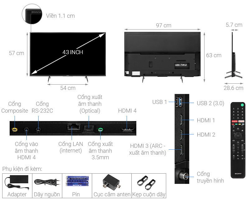 Android Tivi Sony 4K 43 inch KD-43X8000H - Chính Hãng