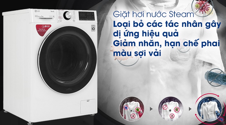 Máy giặt LG Inverter 9kg FV1409S2W - Giặt sạch hơn, loại bỏ các tác nhân gây dị ứng hiệu quả nhờ công nghệ giặt hơi nước Steam