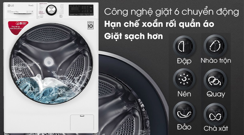 Máy giặt LG 9kg - Hạn chế được tình trạng bị xoắn rối và giặt sạch hơn nhờ công nghệ giặt 6 chuyển động