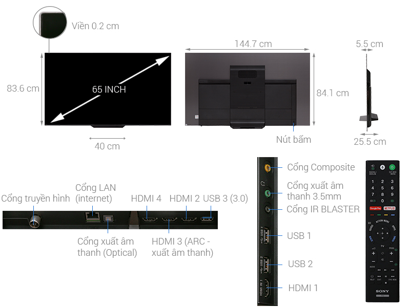 Android Tivi OLED Sony 4K 65 inch KD-65A8F - Chính Hãng