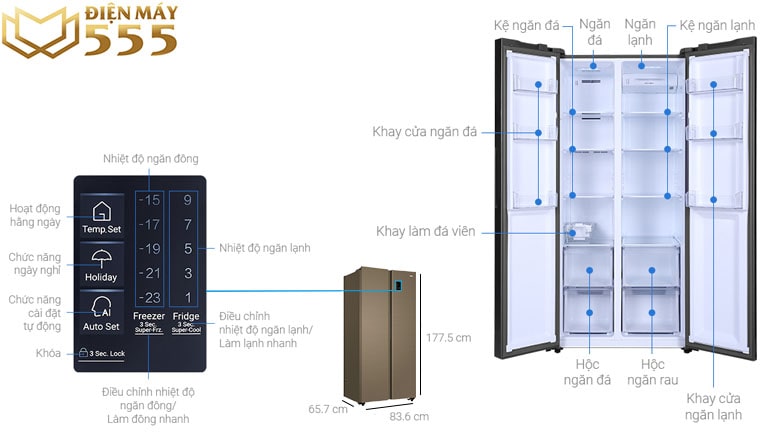 Tủ lạnh Aqua Inverter 480 lít AQR-S480XA(SG) - thông số