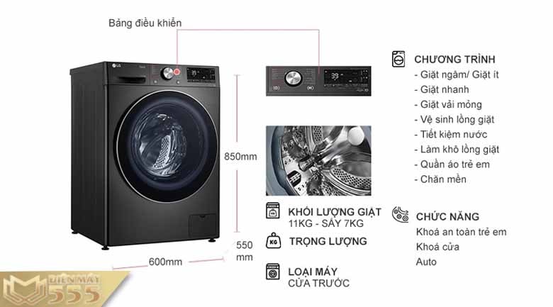 Máy giặt sấy LG Inverter 11kg FV1411H3BA - 7Kg Sấy