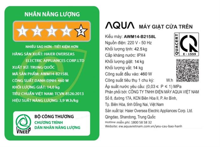 Máy giặt Aqua Inverter 14kg AWM14 - B2158L(B) - Lồng Đứng