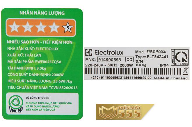 Máy giặt Electrolux Inverter 8 kg EWF8025CQSA